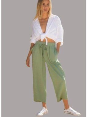 Thread Supply Womens Sage Green Wide-Leg Pants With Pockets & Drawstring Waist S